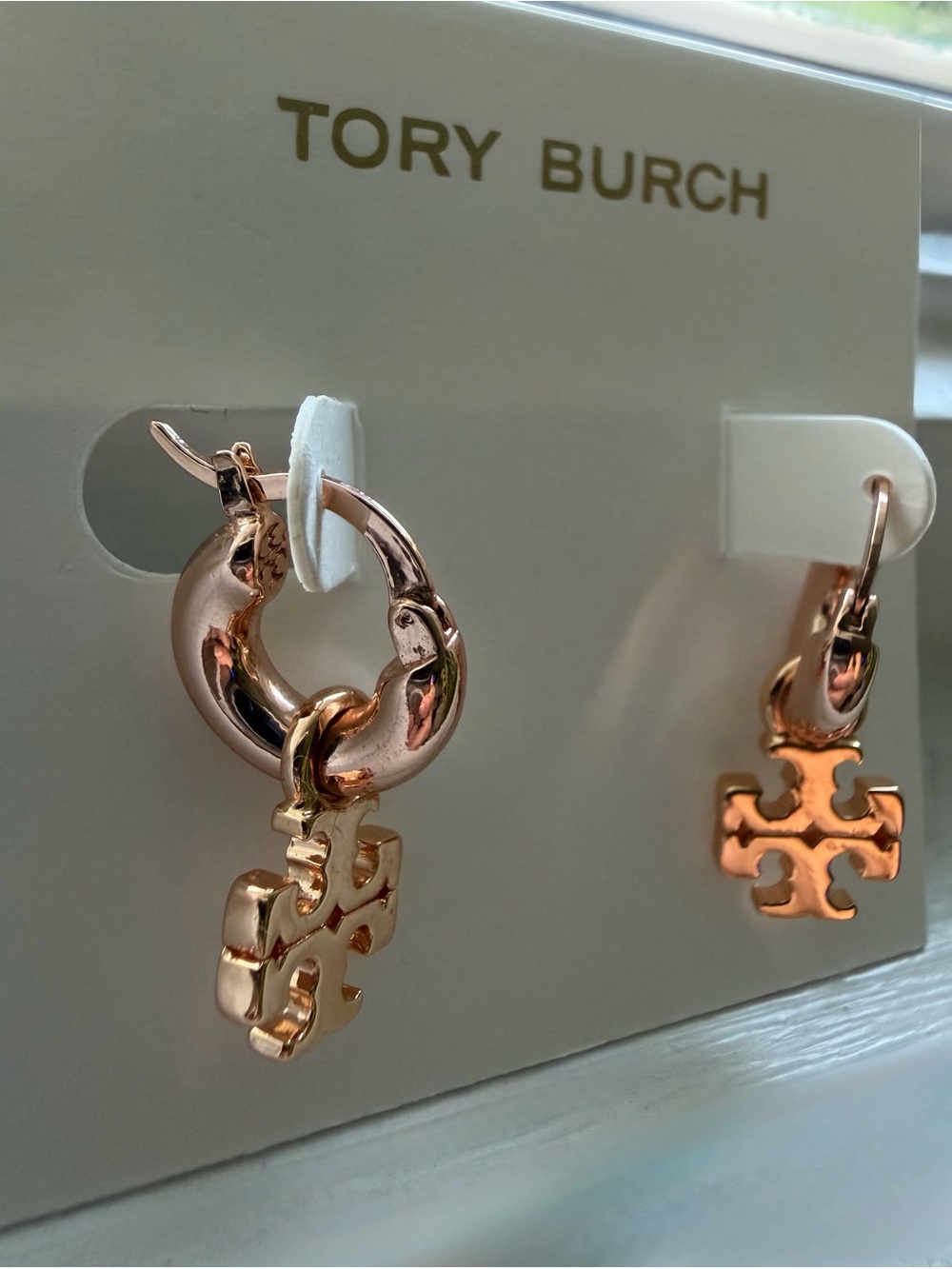 Tory Burch Rose Gold Logo Drop Hoop Earrings with Charm